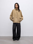 RandomPiece Lambskin Suede Stand Collar Jacket in Khaki - On Model