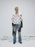 SOD Co. Patchwork Velvet Plaid Flare Jeans in Blue - On Model