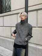 Y OFFICIAL Cropped Matte Faux Leather Jacket in Gray - On Model