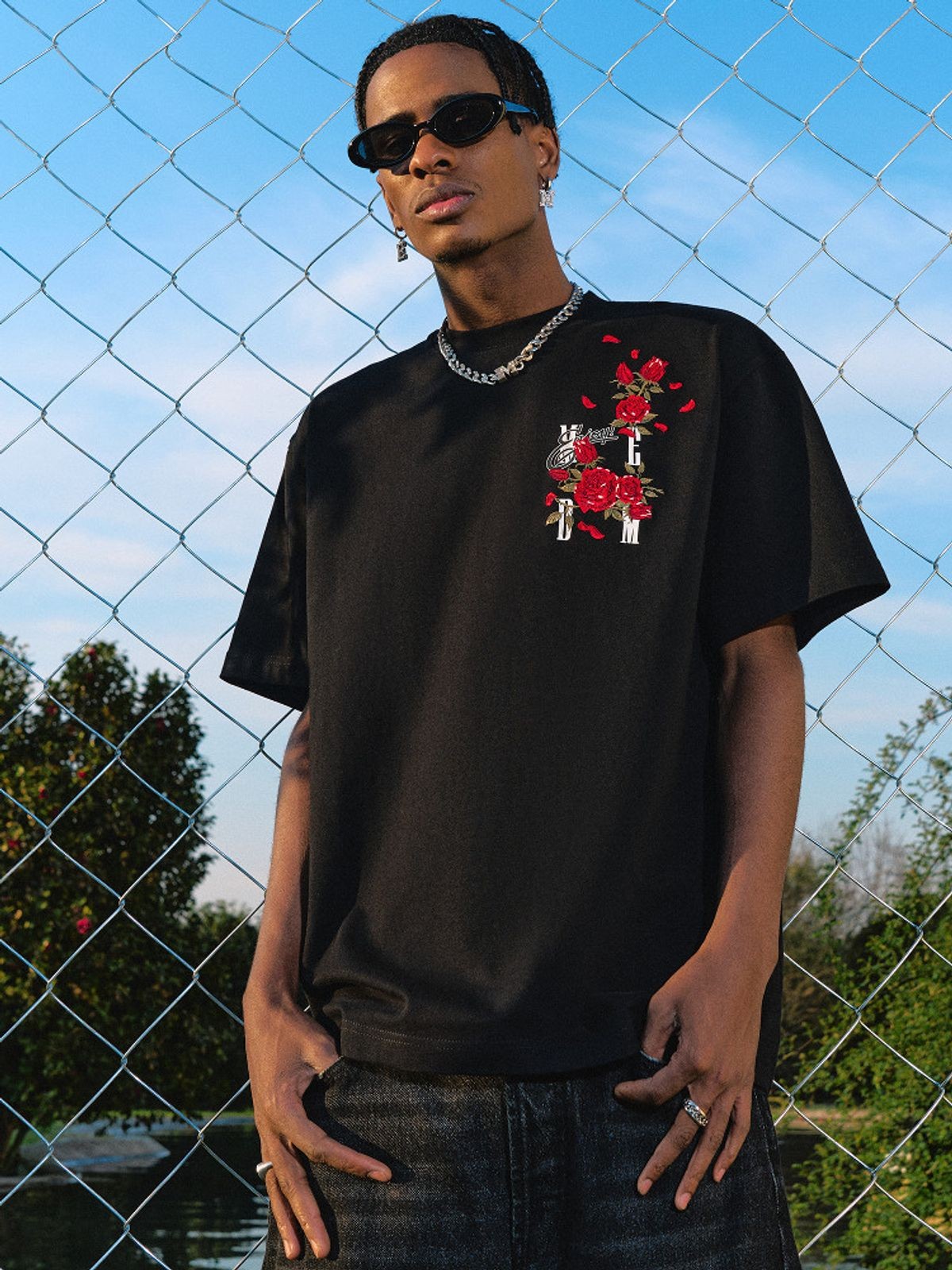 MEDM Rose Embroidered Cotton T Shirt in Black - On Model
