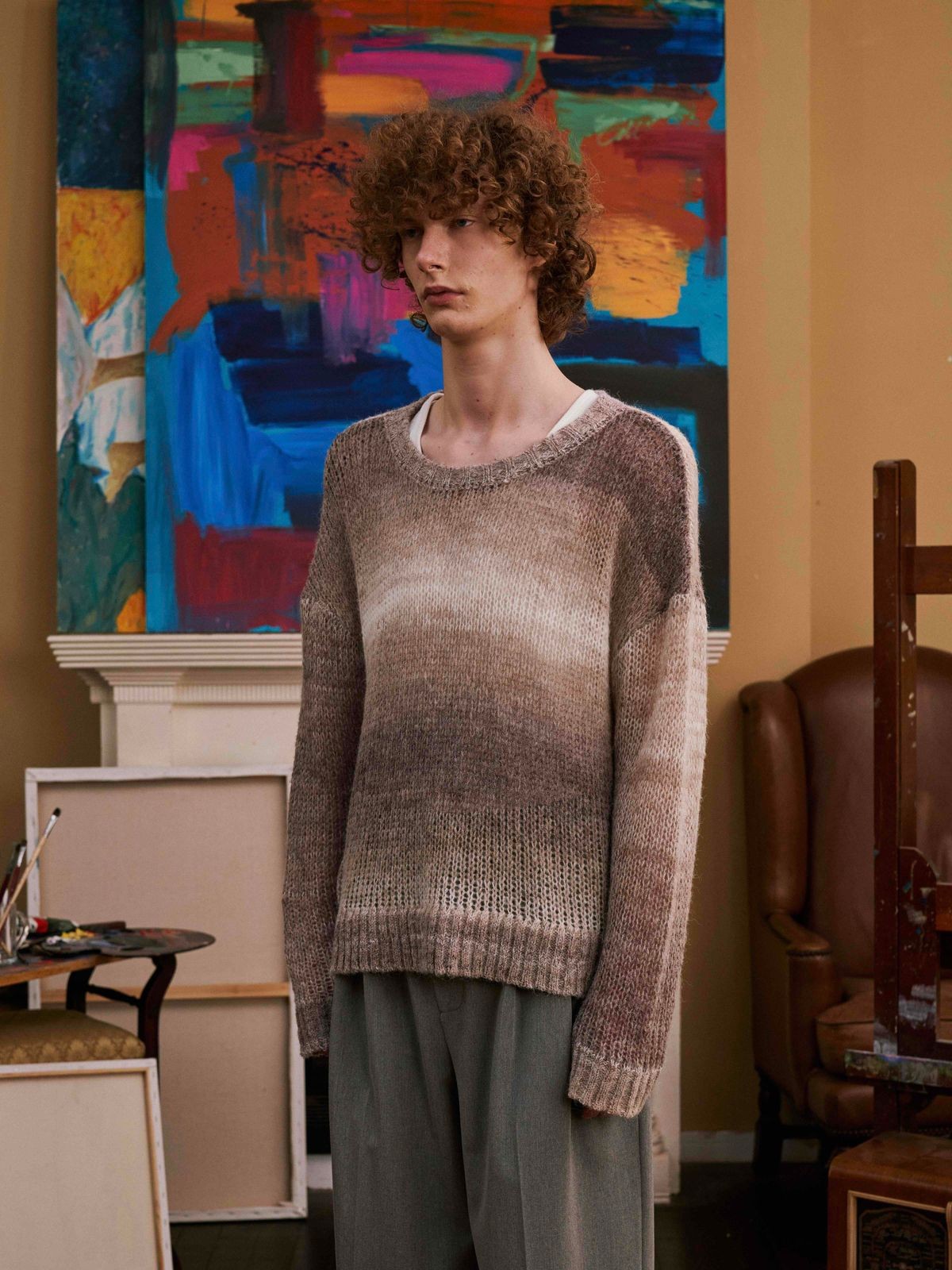 Retro 21 Gradient Open Knit Wool Blend Sweater in Beige - On Model