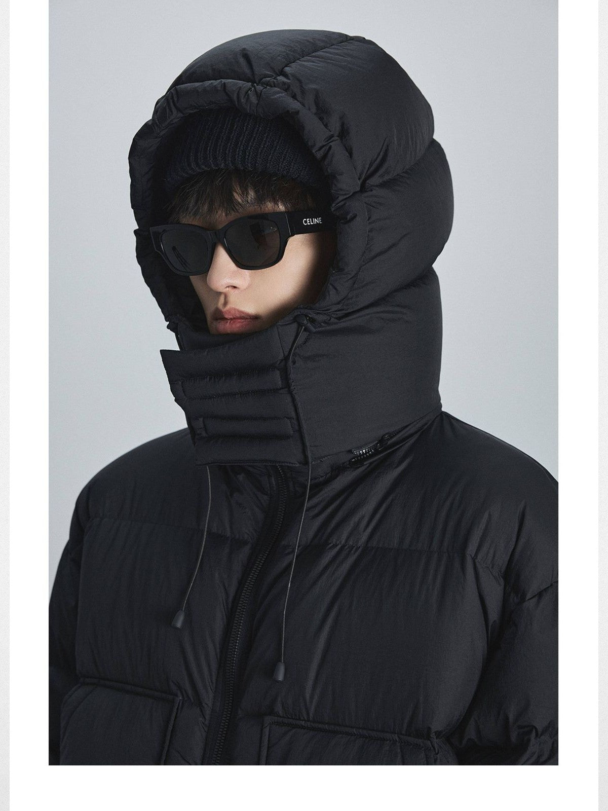 NANS Detachable Hood Crinkled Down Puffer in Black - On Model