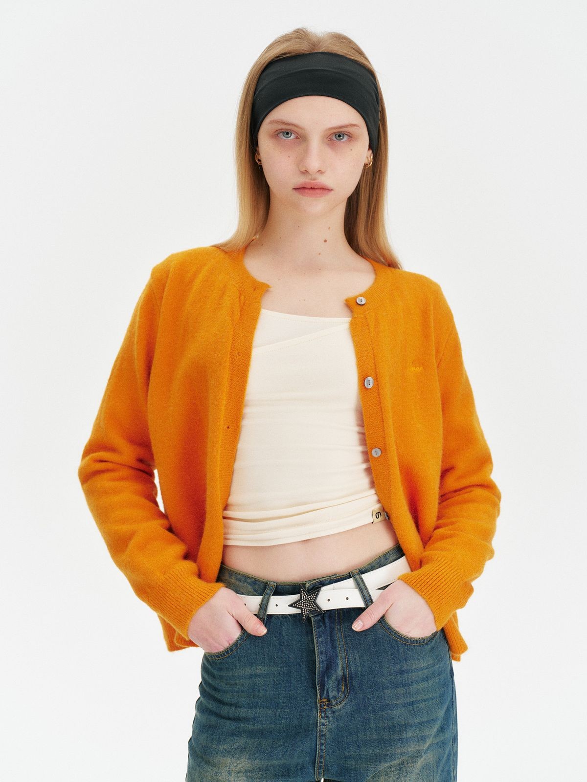 Amee Wool Blend Crewneck Cardigan in Yellow - On Model