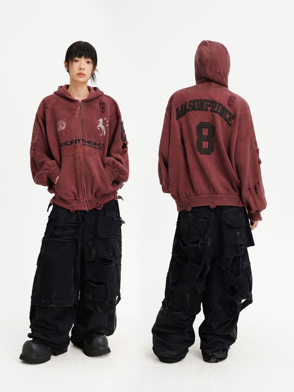 MasonPrince Distressed Horse Graphic Zip Hoodie in Burgundy - On Model