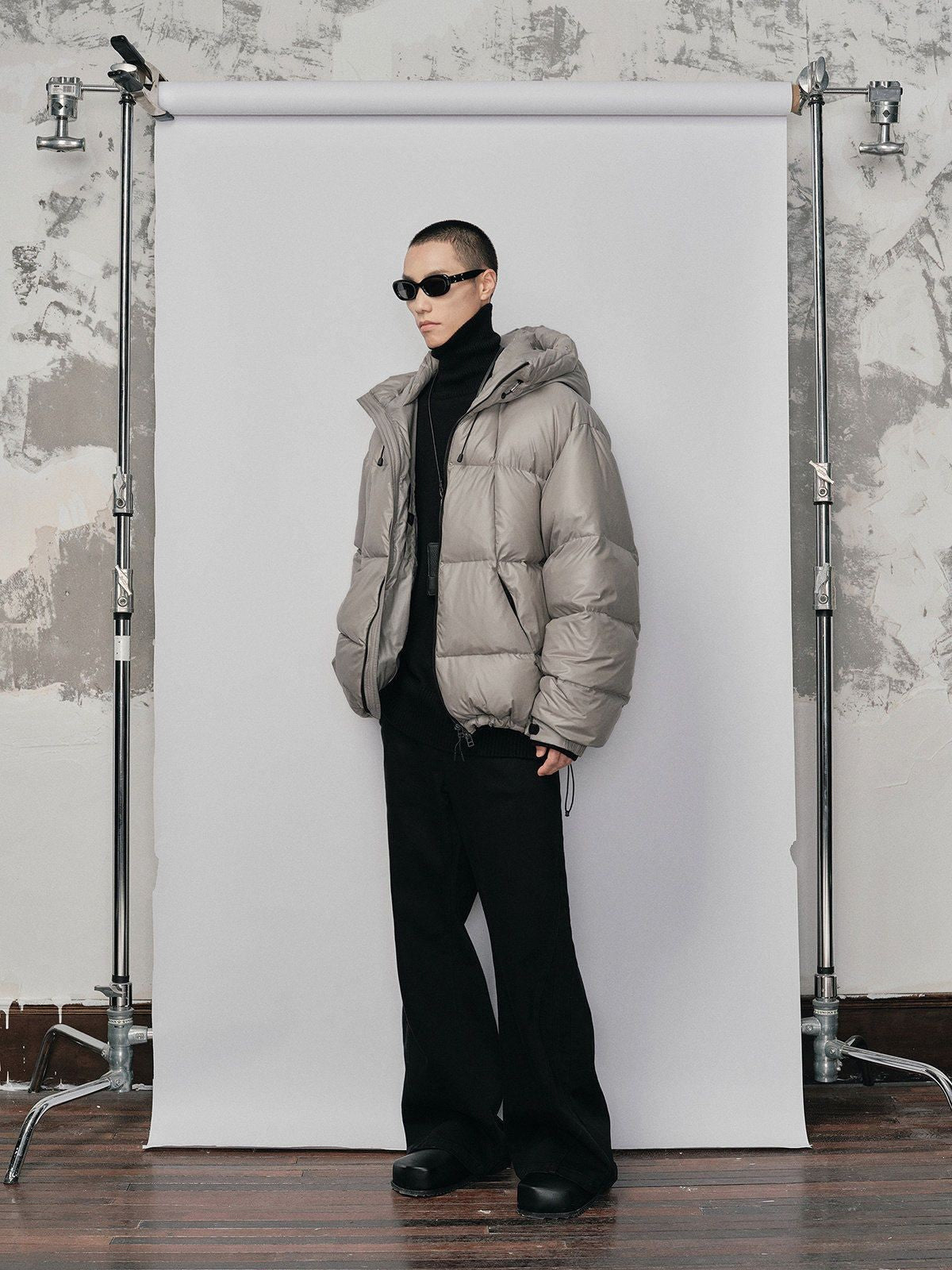 NANS Micro Check Hooded Down Puffer in Gray - On Male Model