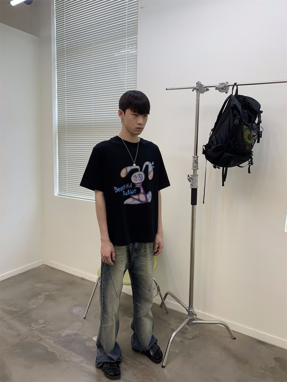 NeverSeez Yechan Jung Bunny Print T Shirt in Black - On Male Model