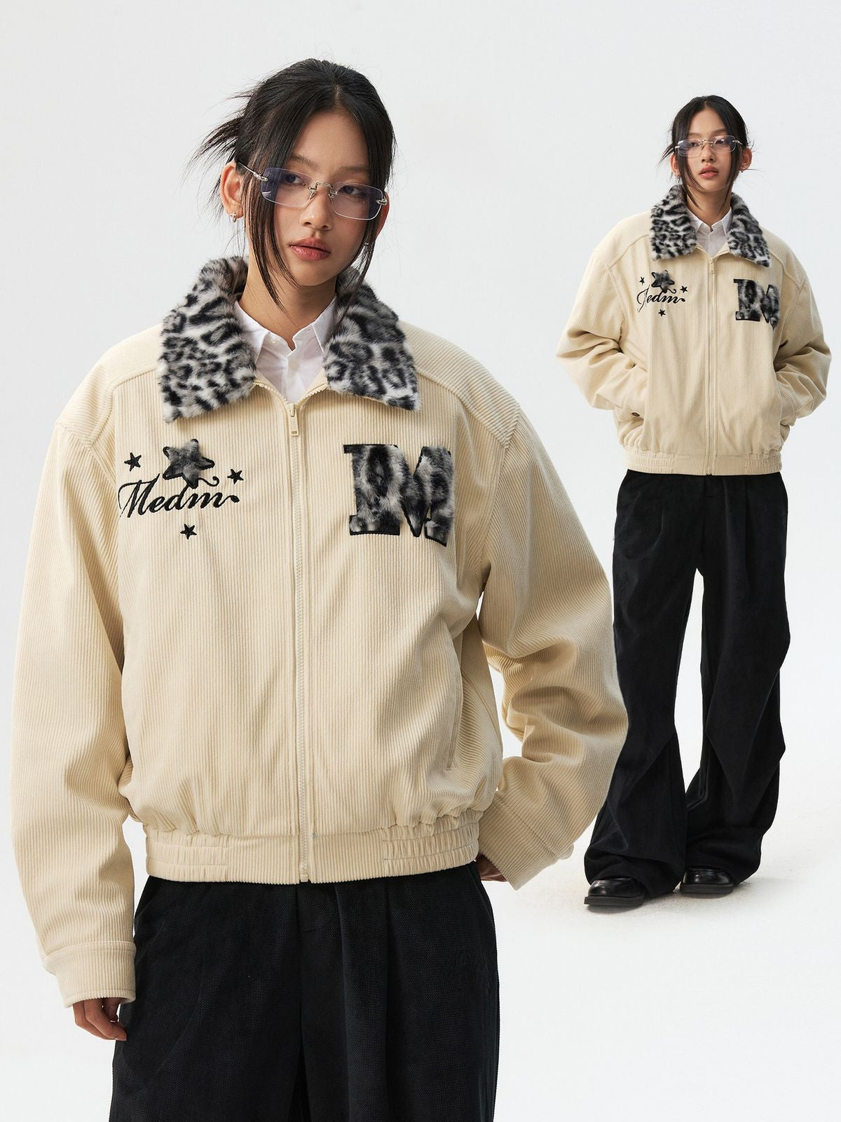 MEDM Leopard Collar Corduroy Padded Jacket in Cream - On Female Model