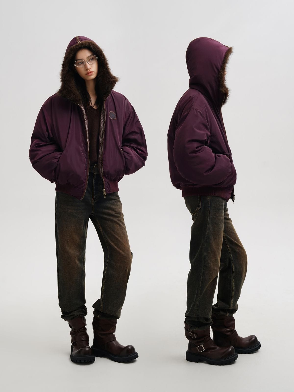 MasonPrince Faux Fur Hooded Puffer in Burgundy - On Female Model