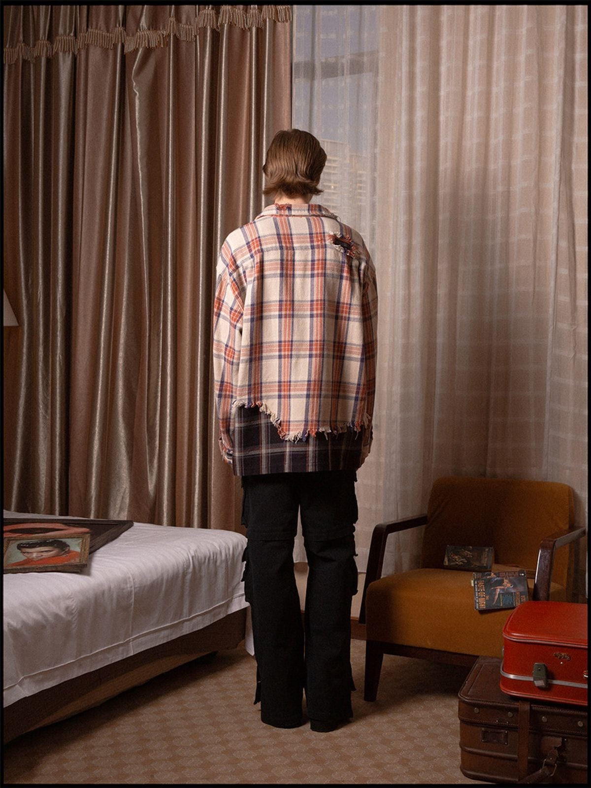 Sod Hand Distressed Plaid Shirt Jacket in White - On Male Model