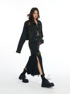 THELIGHT OFFICIAL Distressed Cropped Denim Jacket in Denim - On Model