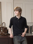 Roolrren Homme Cotton Linen Polo Shirt in Black - On Model