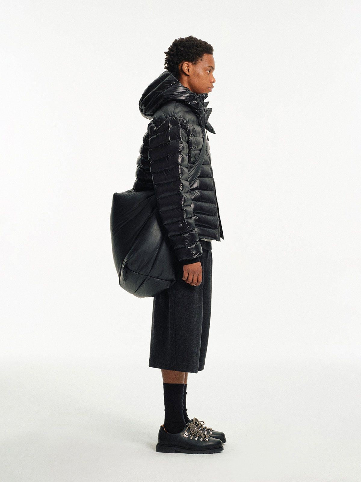 NANS Glossy Nylon Hooded Down Puffer in Black - On Model