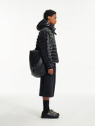 NANS Glossy Nylon Hooded Down Puffer in Black - On Model