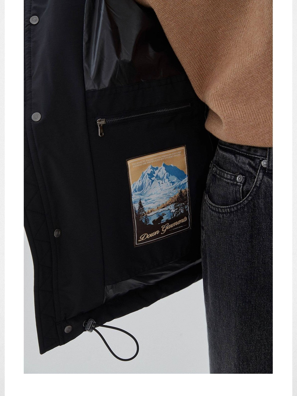 NANS Sherpa Collar Multi Pocket Down Puffer in Black - Detail