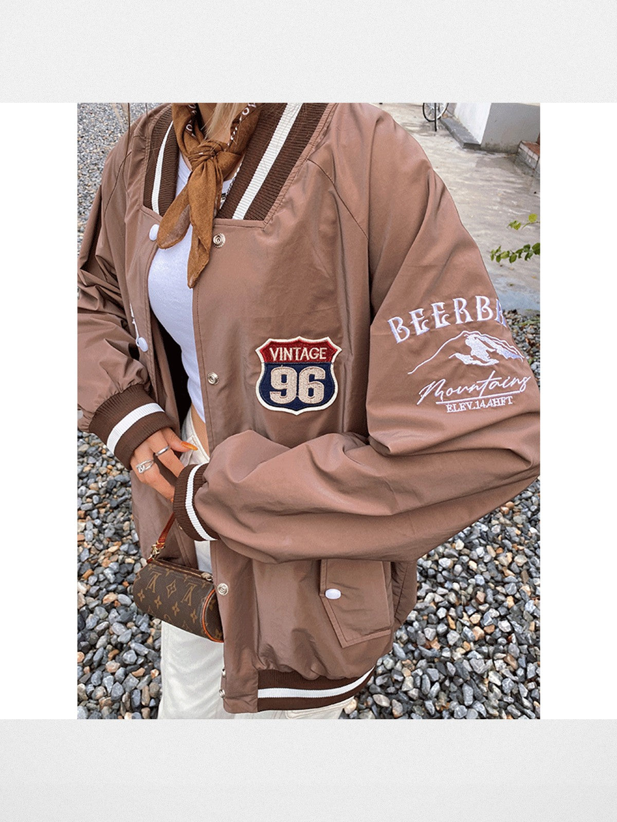 BeerBro Route 96 Retro Varsity Jacket in Coffee - On Model