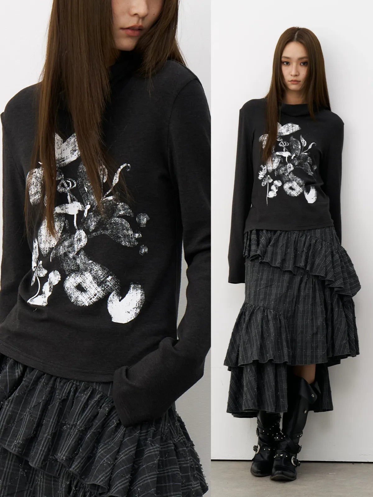 THELIGHT OFFICIAL Ink Wash Floral High Neck Top in Gray - On Model