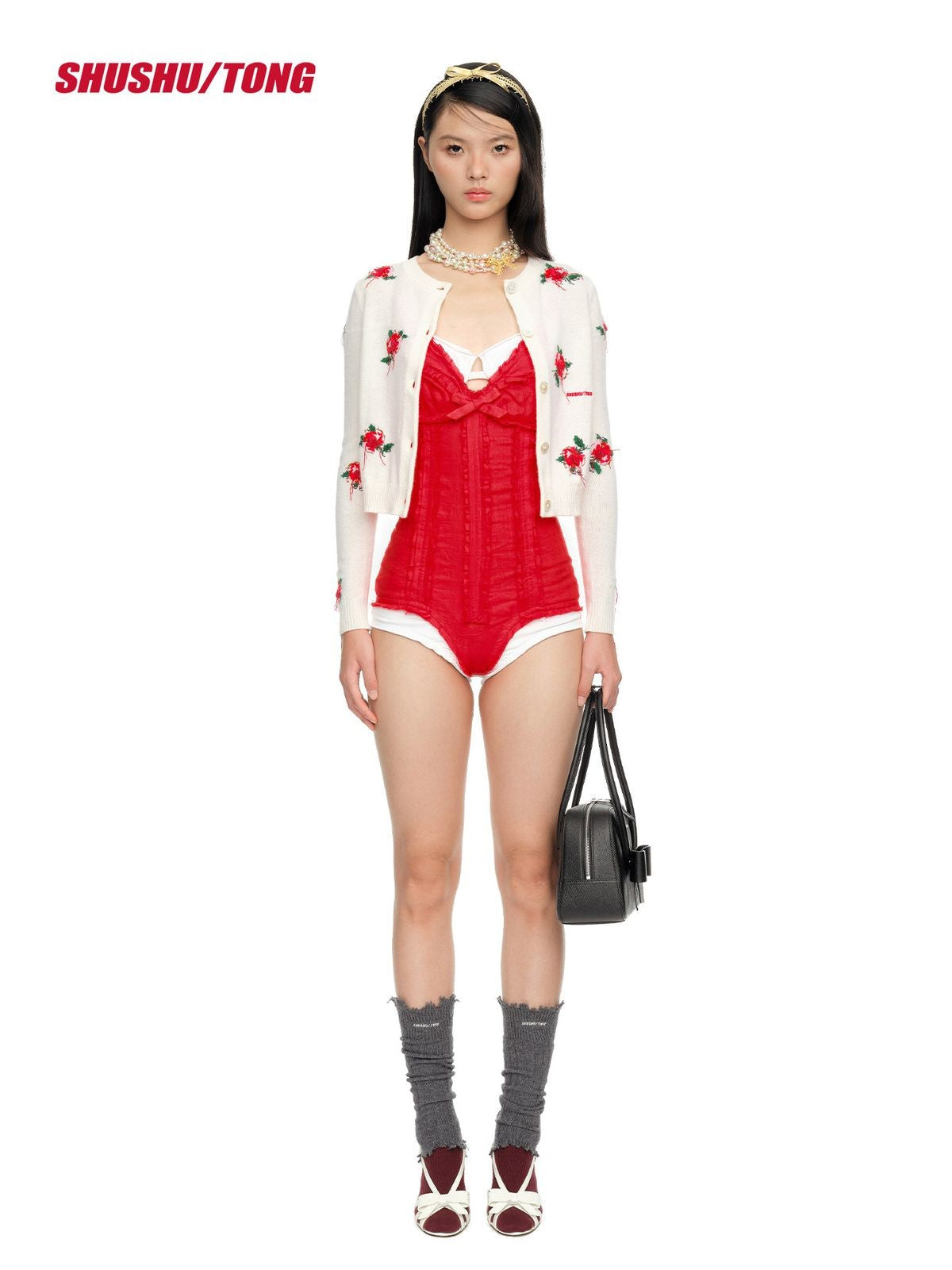SHUSHUTONG Floral Embroidered Lambswool Cardigan in Red - On Model
