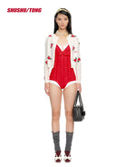 SHUSHUTONG Floral Embroidered Lambswool Cardigan in Red - On Model