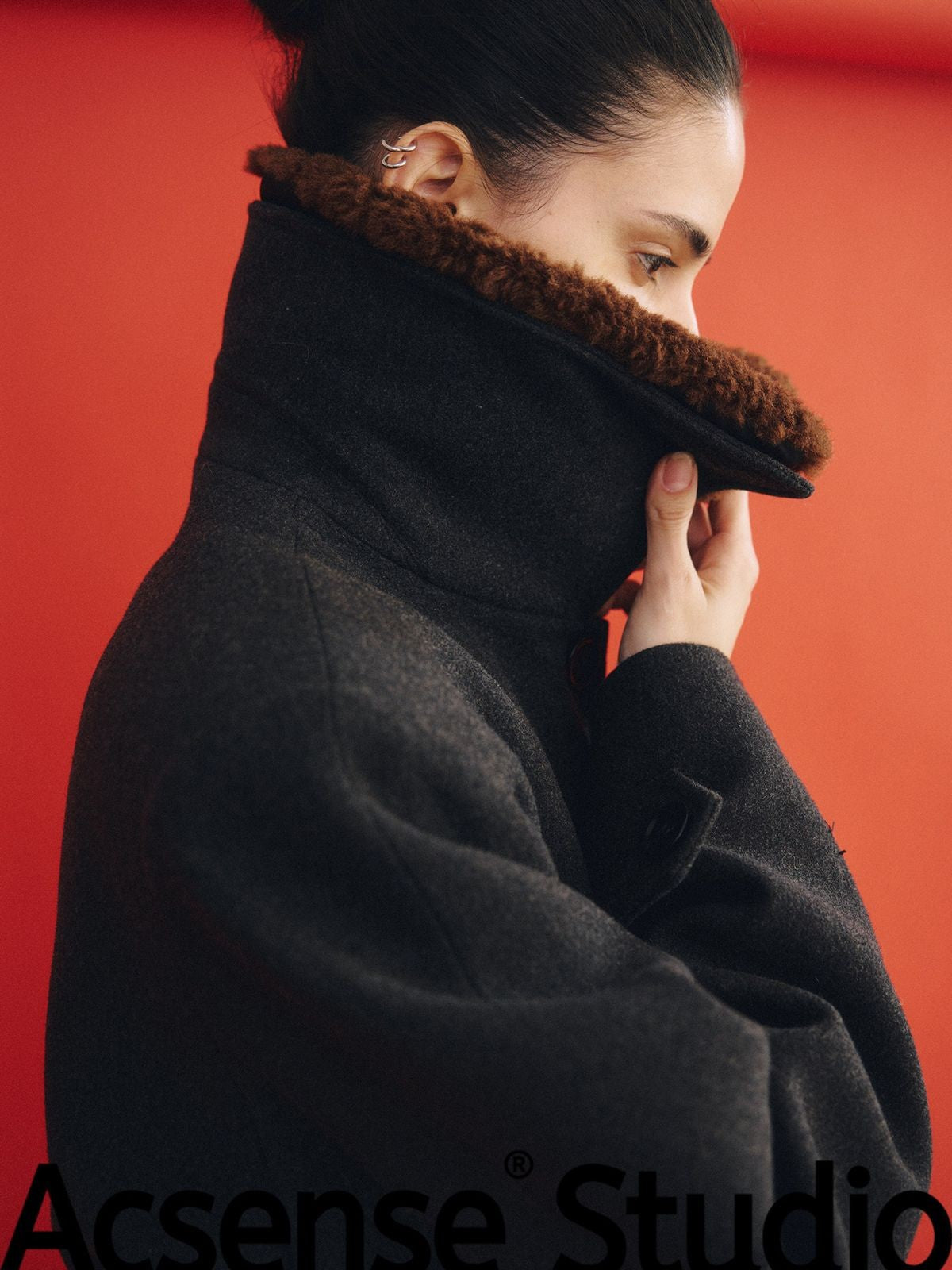 ACSENSE STUDIO Faux Fur Collar Wool Blend Coat in Gray - On Model