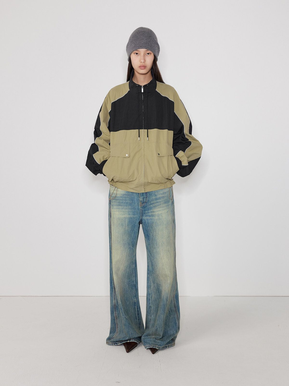 RandomPiece Color Block Stand Collar Jacket in Beige - On Model