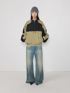 RandomPiece Color Block Stand Collar Jacket in Beige - On Model