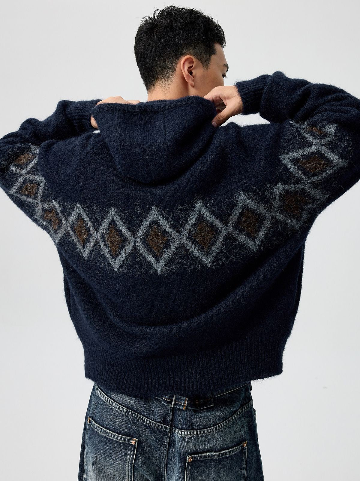 Simple Project Offset Argyle Hooded Cardigan in Navy Blue - On Male Model