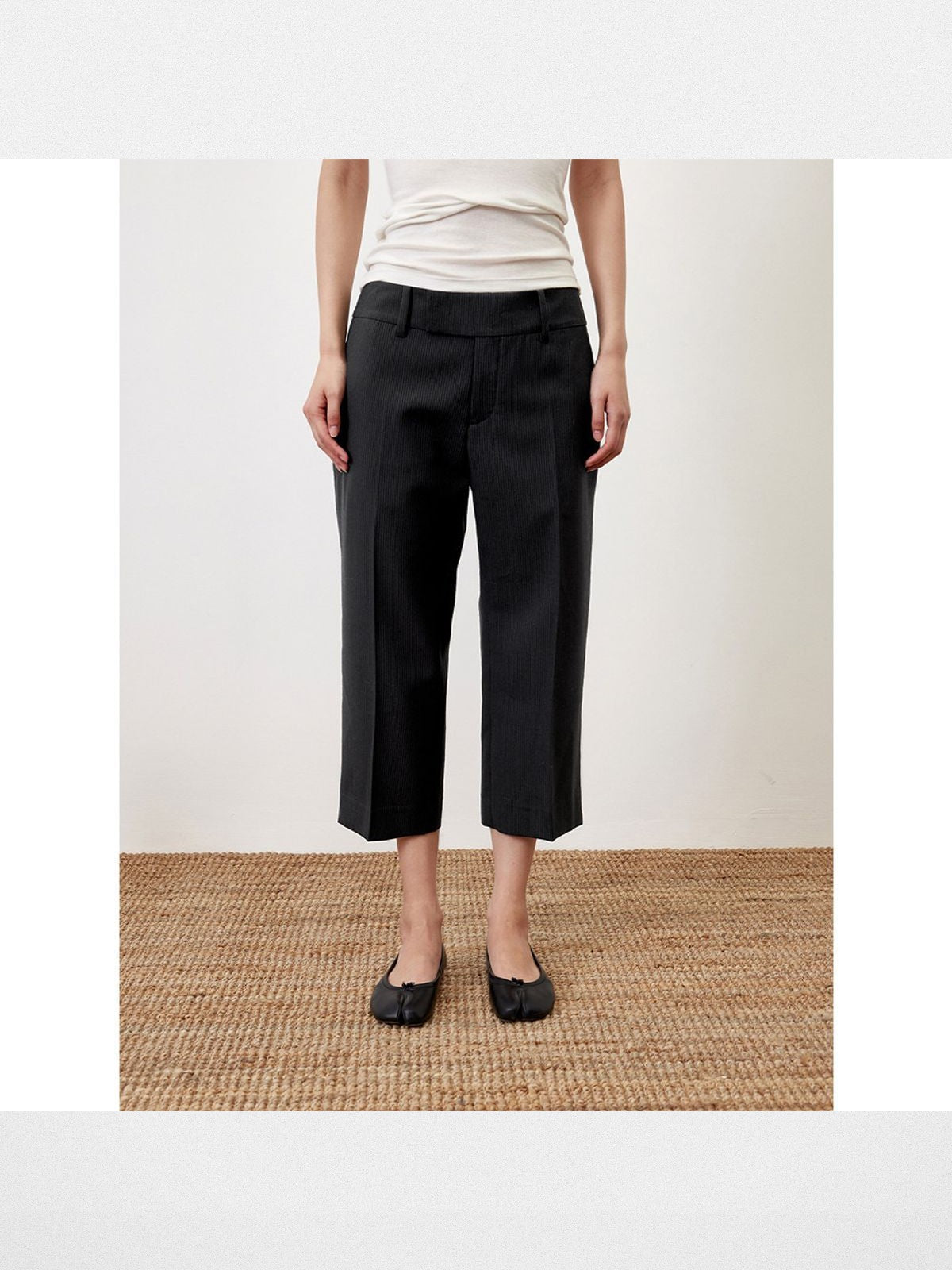 RandomPiece Pinstripe Wool Blend Bermuda Shorts in Black - On Model
