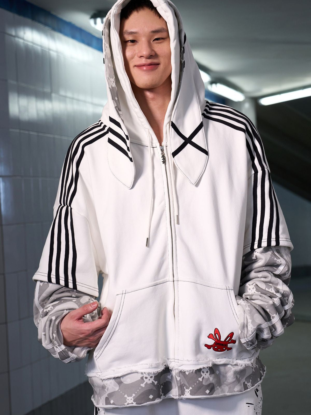 CFIERCE Layered Skull Print Bunny Hoodie in White - On Male Model