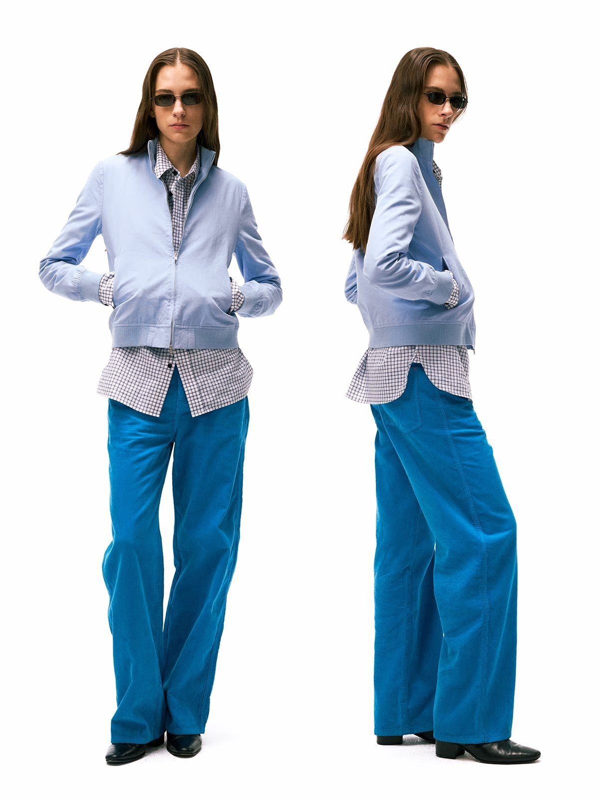 alright then Brushed Cotton Stand Collar Jacket in Sky Blue - On Female Model