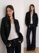 THELIGHT OFFICIAL Textured Cropped Denim Jacket in Black - On Model