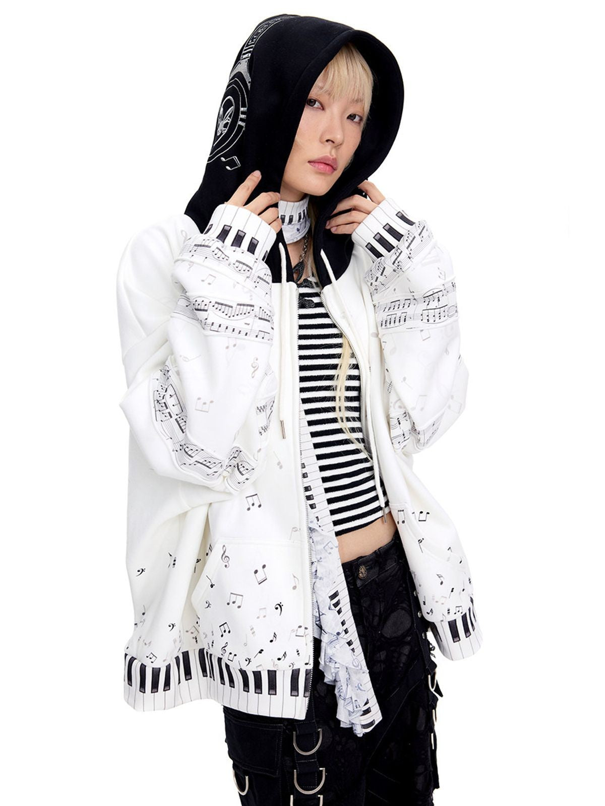 CFIERCE Piano Note Print Zip Up Hoodie in White - On Female Model