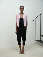 RARELY ALIKE Pure Wool Mid Sleeve Cardigan in Pink - On Model