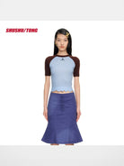 SHUSHUTONG Color Block Raw Edge Lambswool Top in Blue - On Model