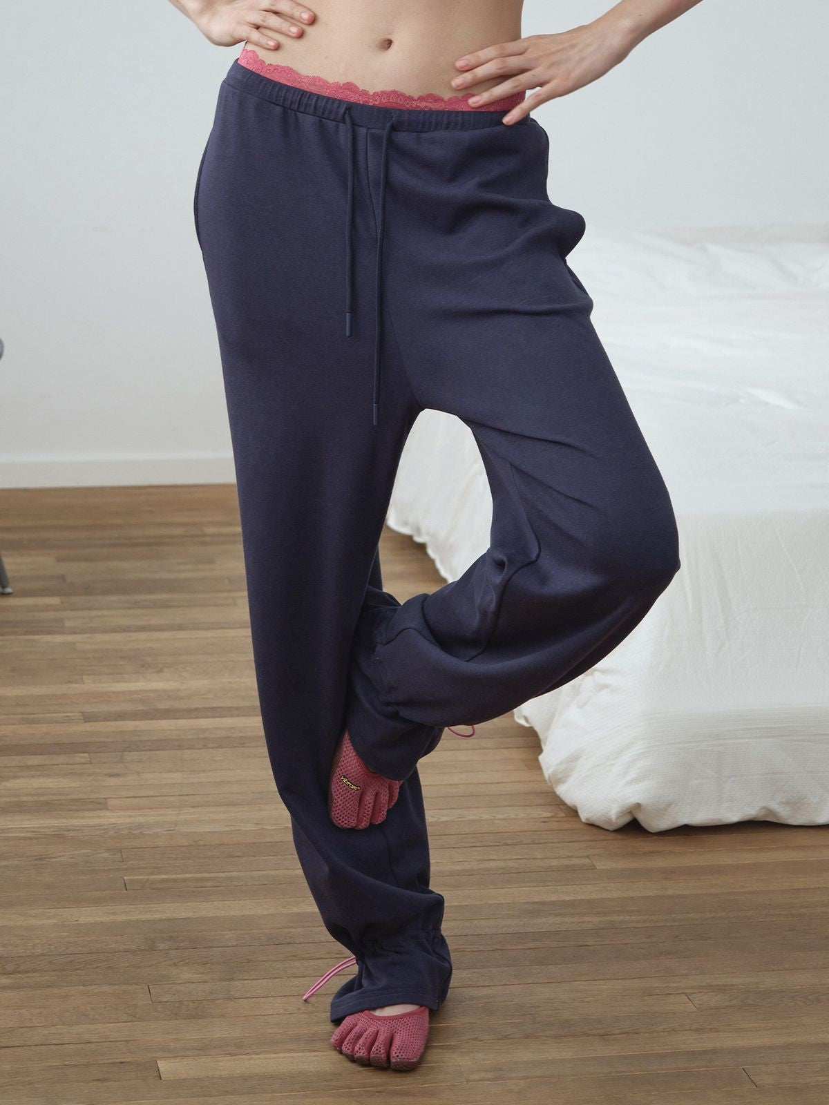 RARELY ALIKE Lace Waist Adjustable Joggers in Navy Blue - On Model