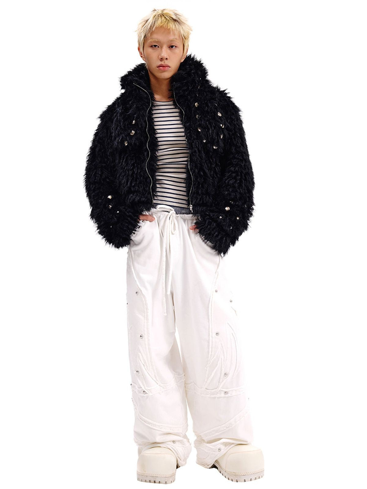 CFIERCE Studded Faux Fur Bunny Jacket in Black - On Male Model