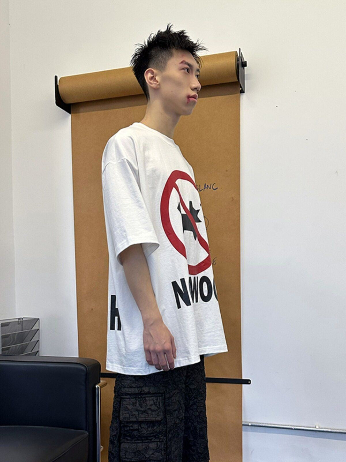 TRIANGLE PROJECT No Woo Graphic Heavyweight T Shirt in White - On Model