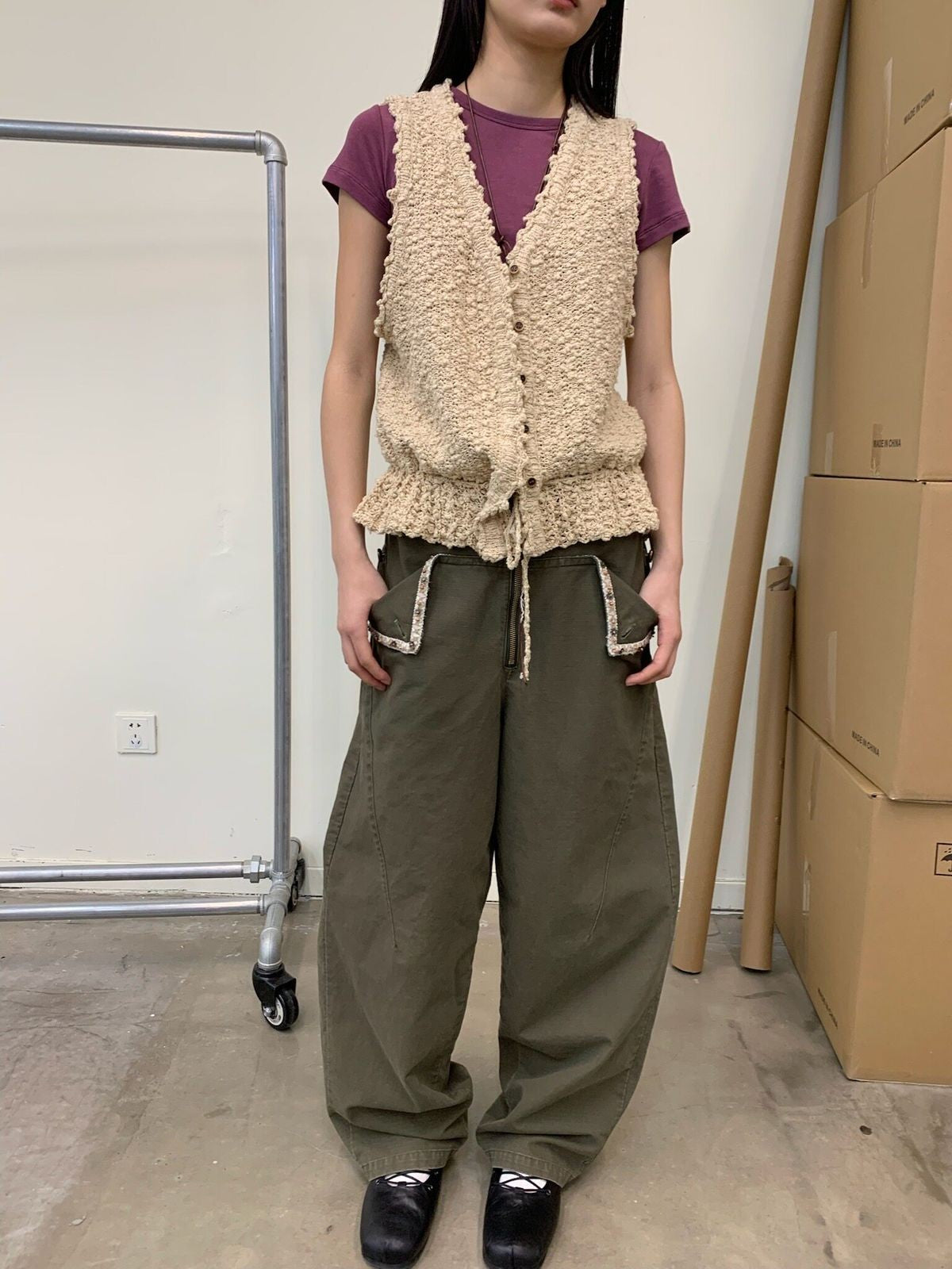 NeverSeez Washed Cotton Beaded Cargo Pants in Olive - On Model