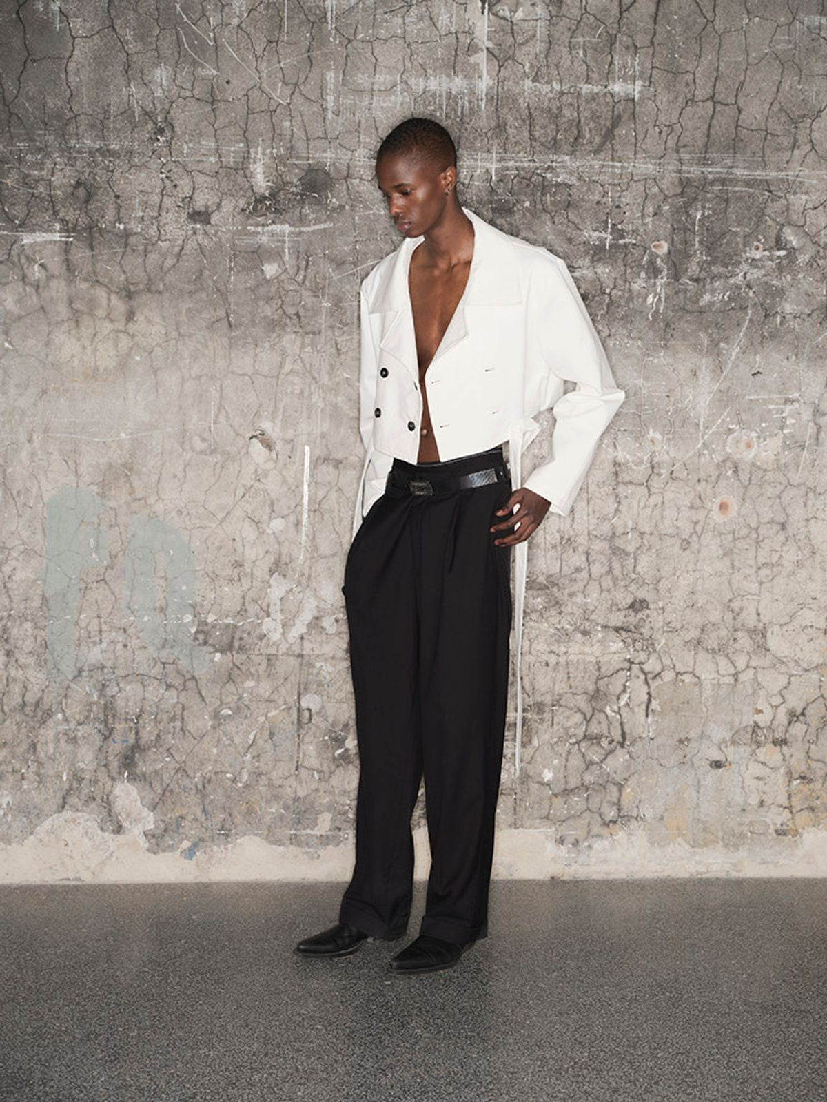 TRIANGLE PROJECT Deconstructed Double Breasted Jacket in White - On Model