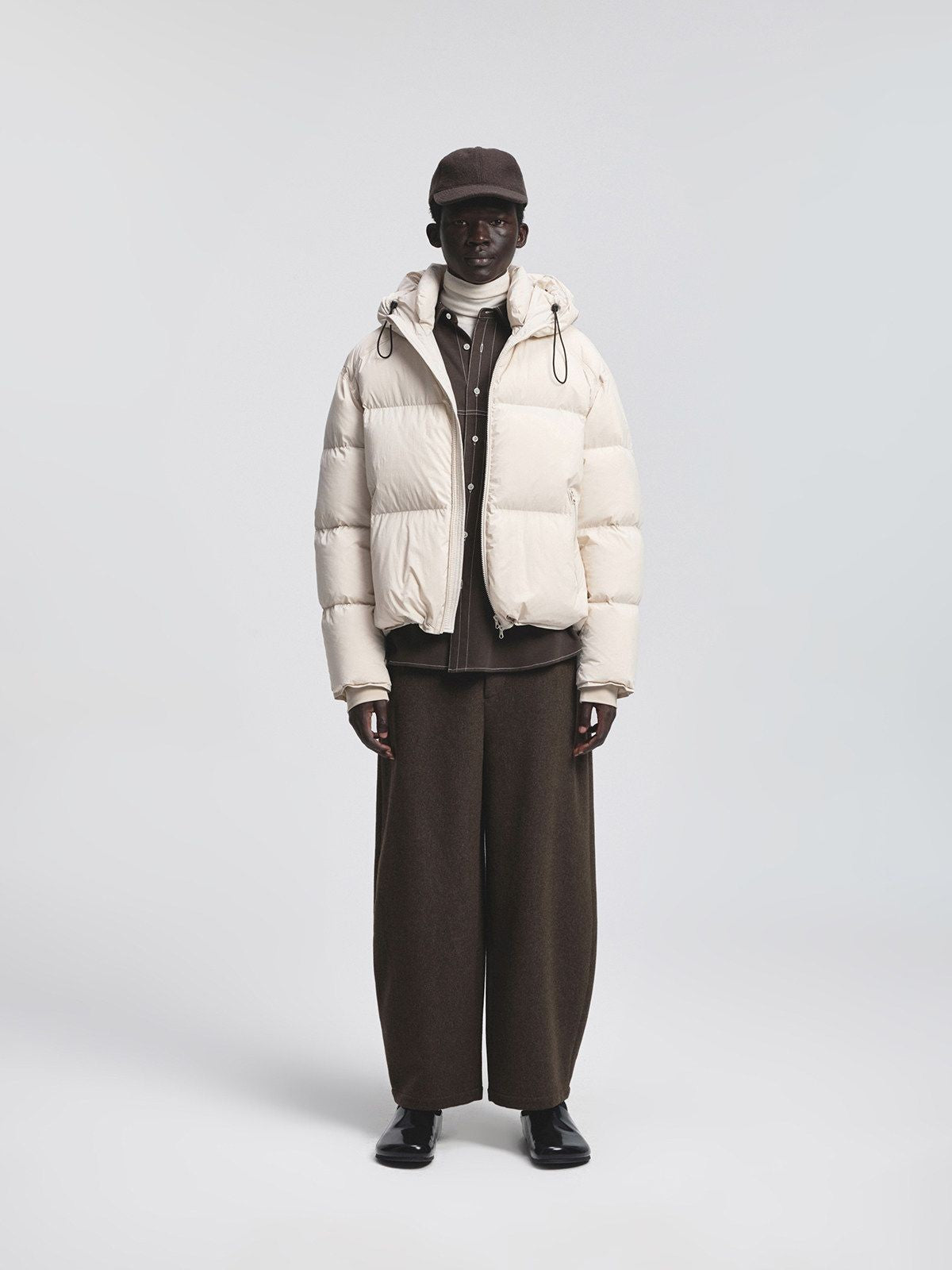 NANS Glossy Hooded Down Puffer in White - On Model