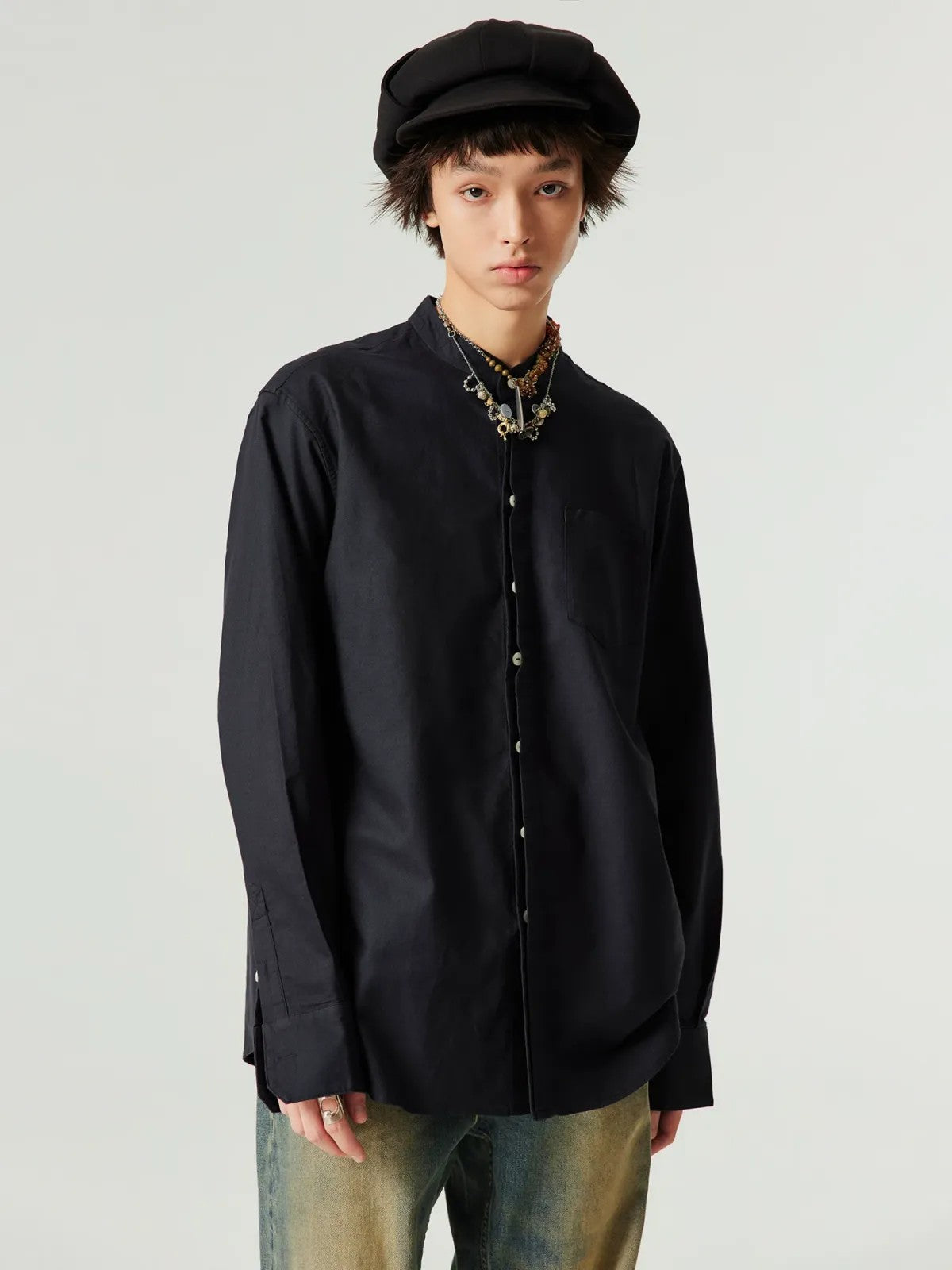 Simple Project Windmill Paneled Newsboy Cap in Black - On Male Model