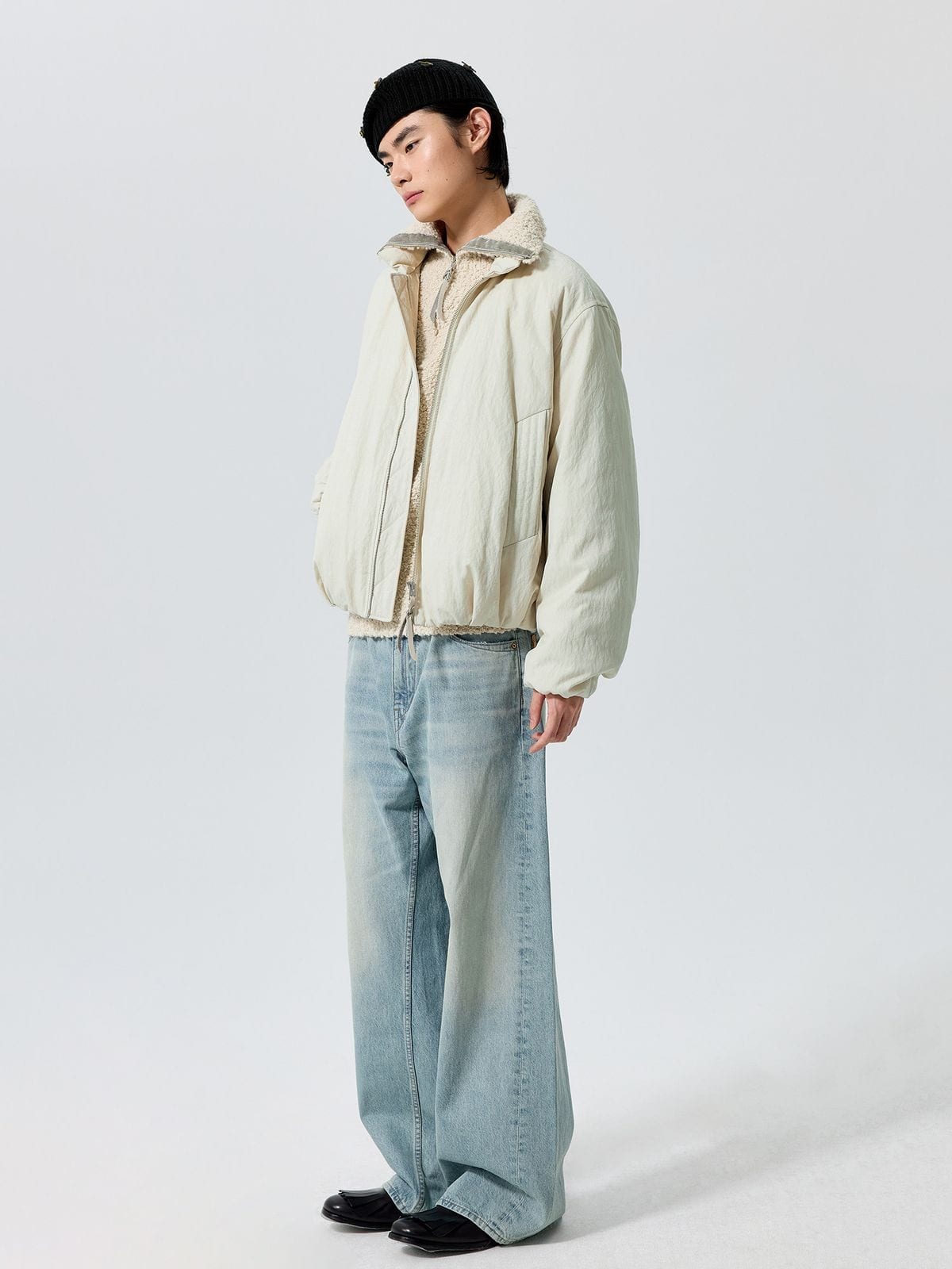 Simple Project Stand Collar 3M Thinsulate Puffer in Cream - On Model