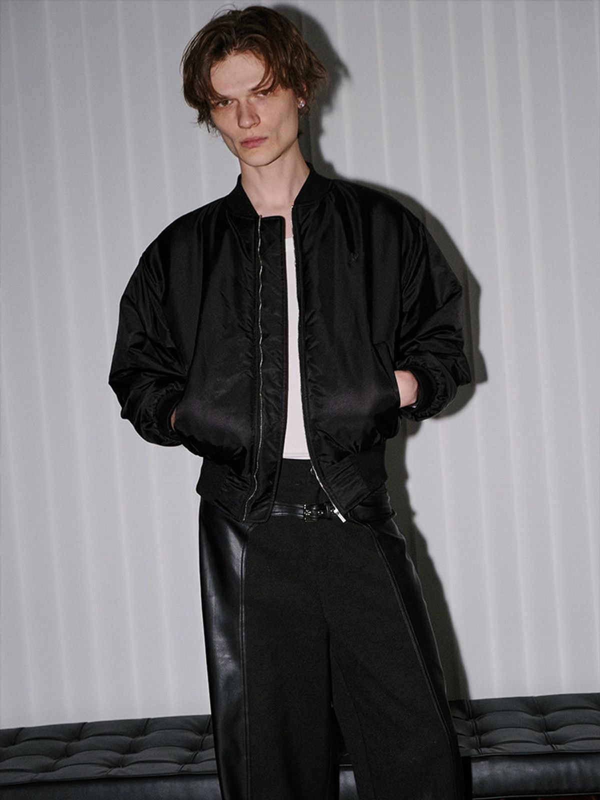 RARELY ALIKE Zip Front Bomber Jacket in Black - On Model