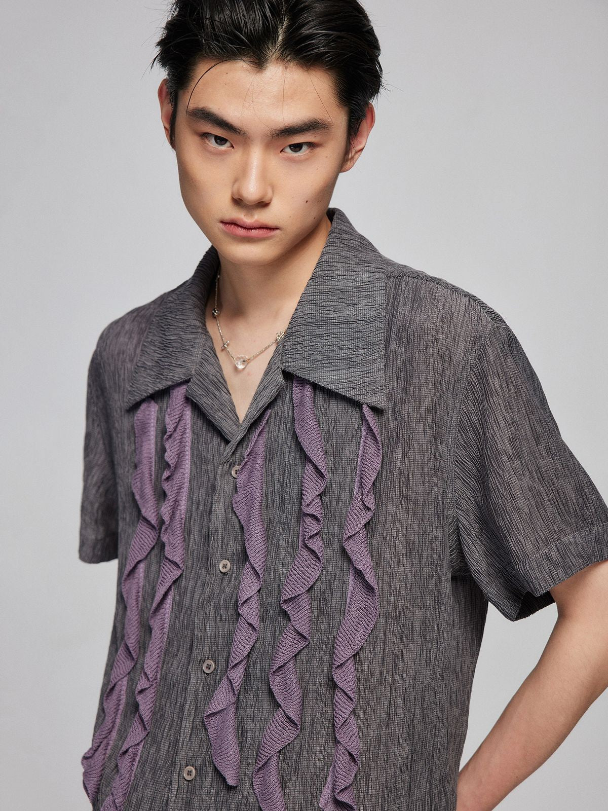 Simple Project Textured Tencel Ruffle Shirt in Gray - On Model