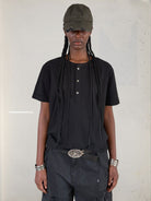 UNKNOWNWORLD Distressed Cotton Henley T Shirt in Black - On Model