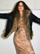 Amee Faux Fur Trimmed PU Jacket in Black - On Model