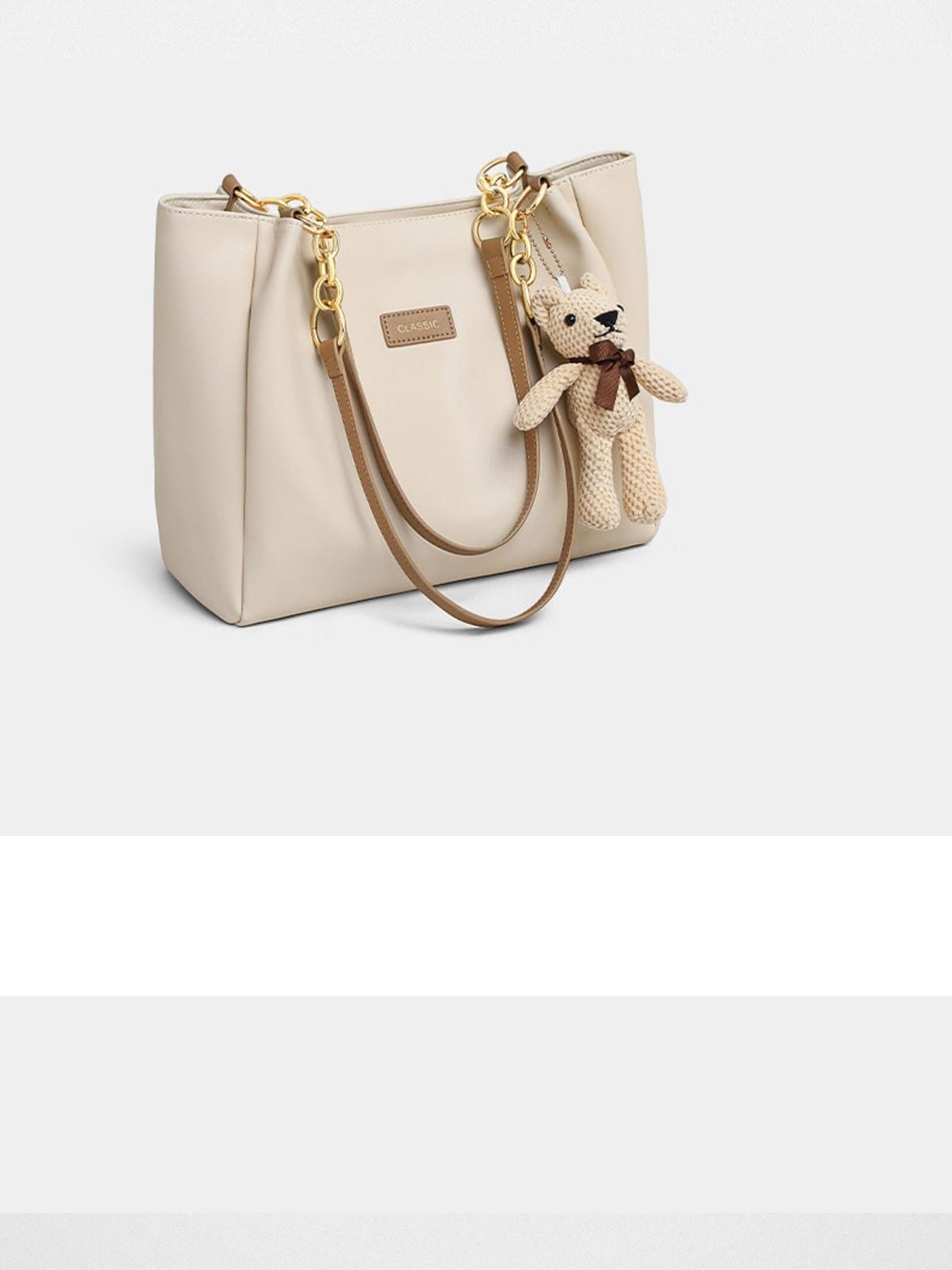 VINEY Leather Chain Strap Tote Bag in Beige
