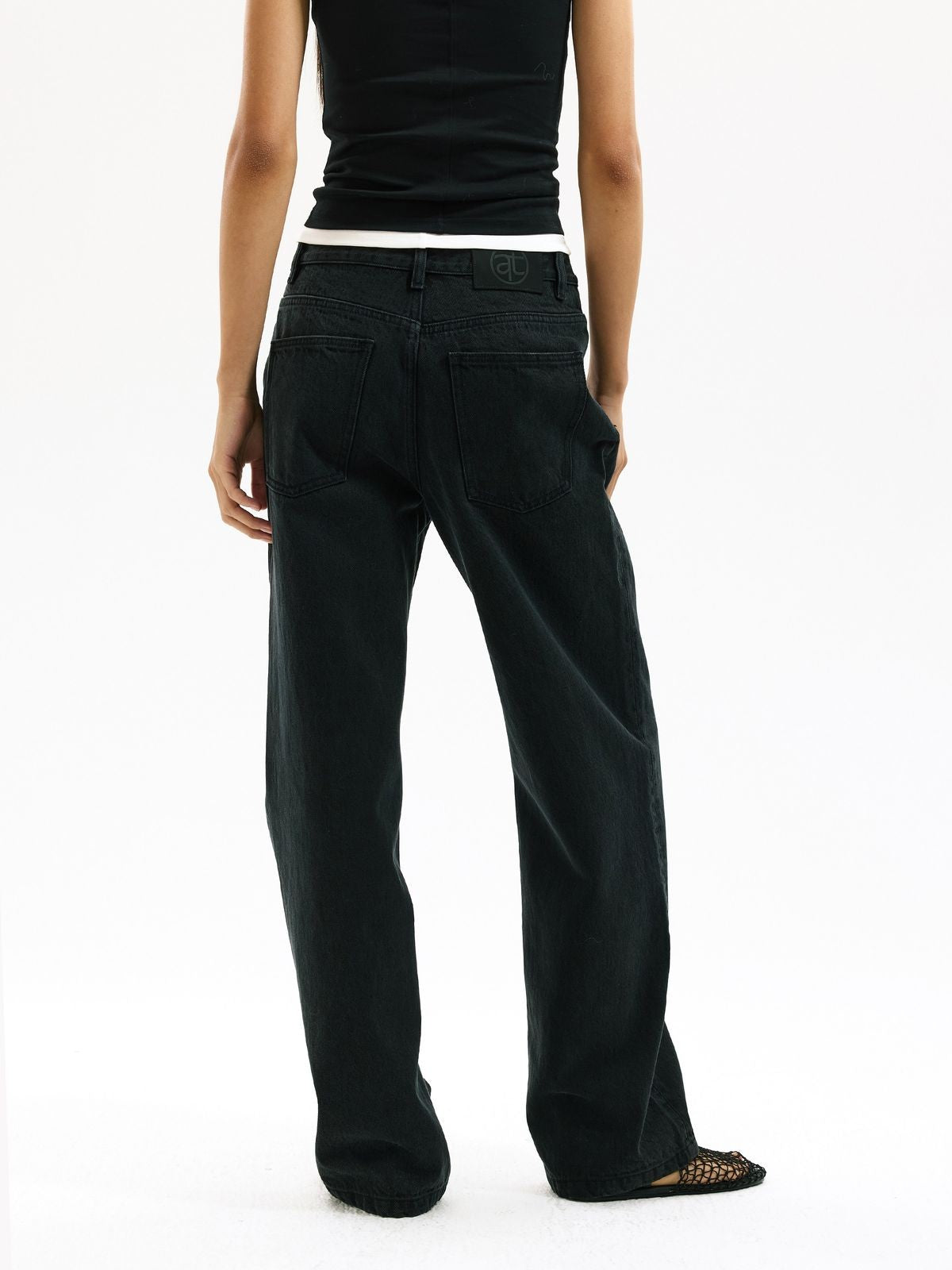 Alright Then Textured Black Straight Leg Jeans in Black - On Model