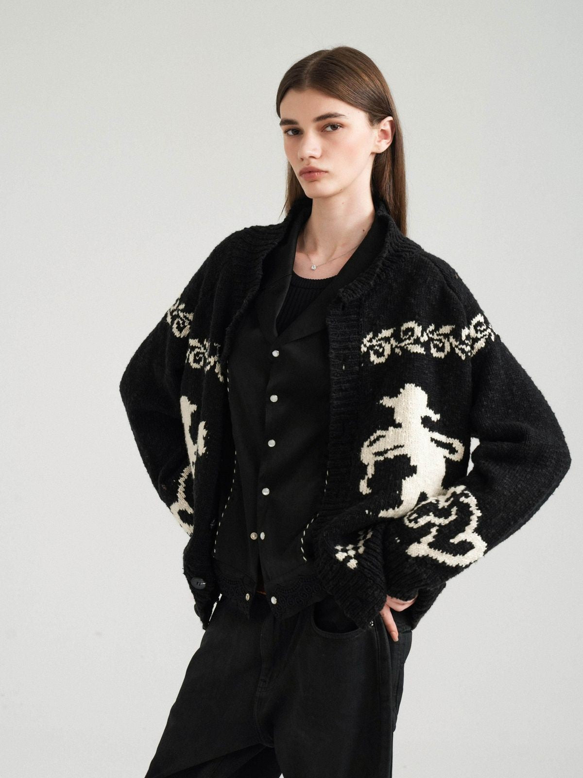 Retro 21 Western Jacquard Shawl Cardigan in White - On Female Model