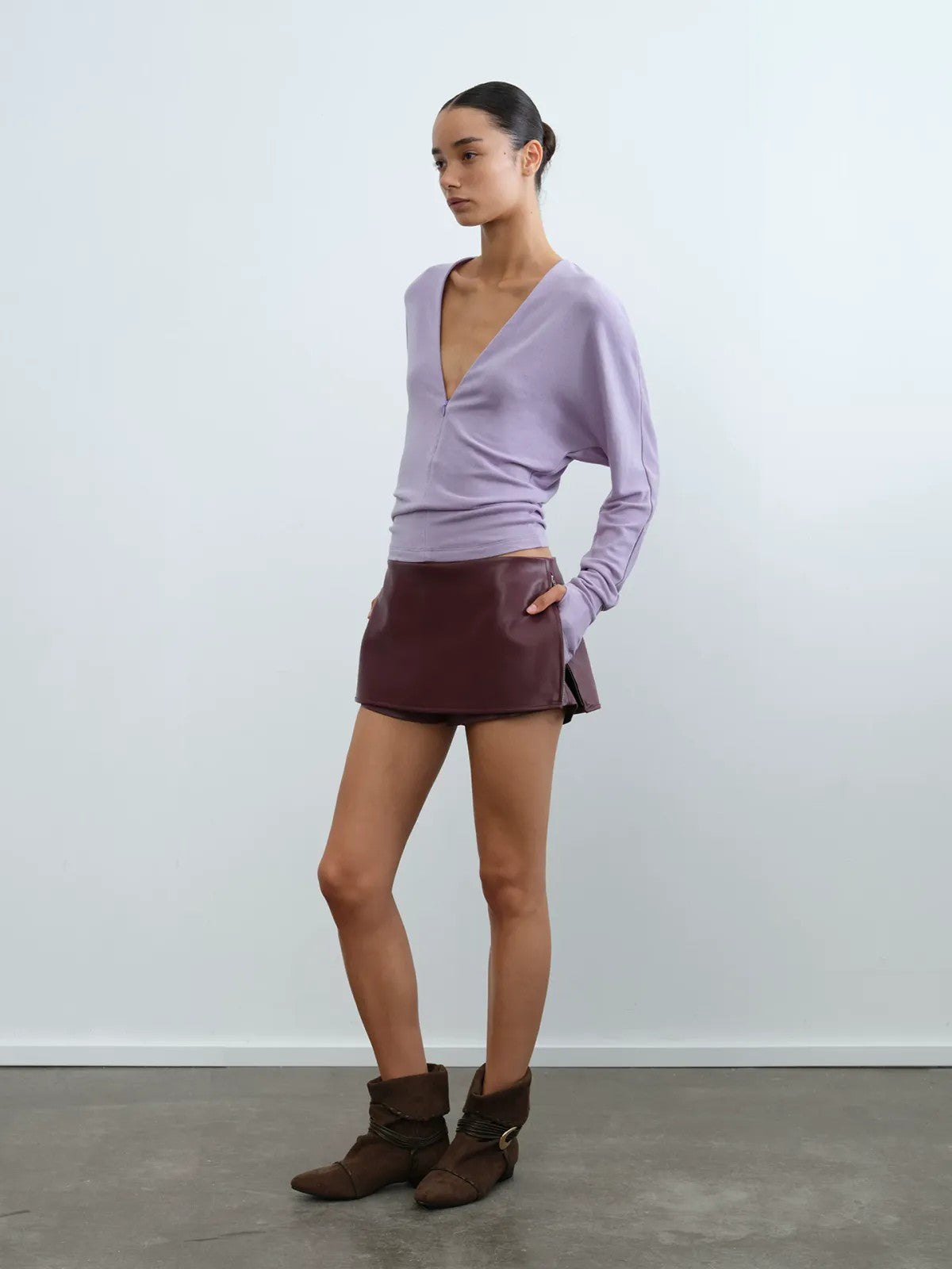 RARELY ALIKE Side Zip Faux Leather Skort in Burgundy - On Model