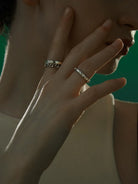 BLACKHEAD Stackable Chain Logo Bar Ring Set in Silver - On Female Model